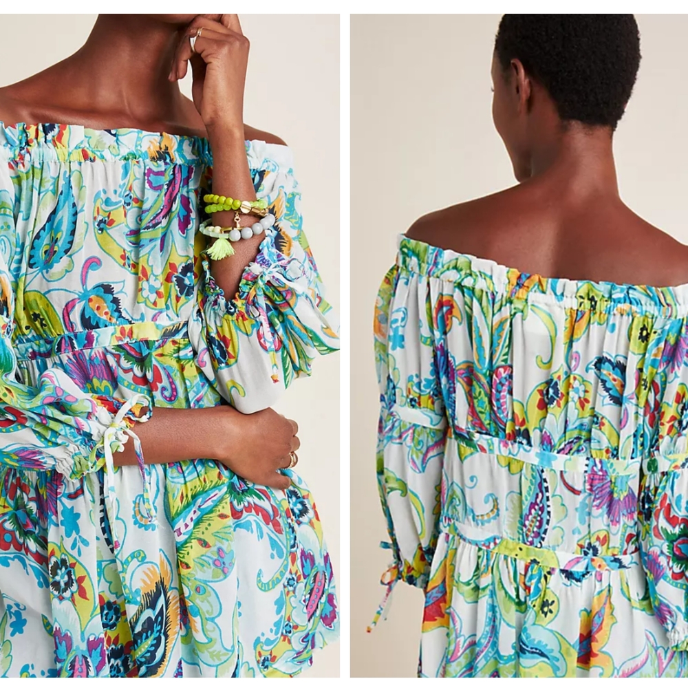 New Maeve Blue and Green Smocked Blouse with Cuffed Sleeves
